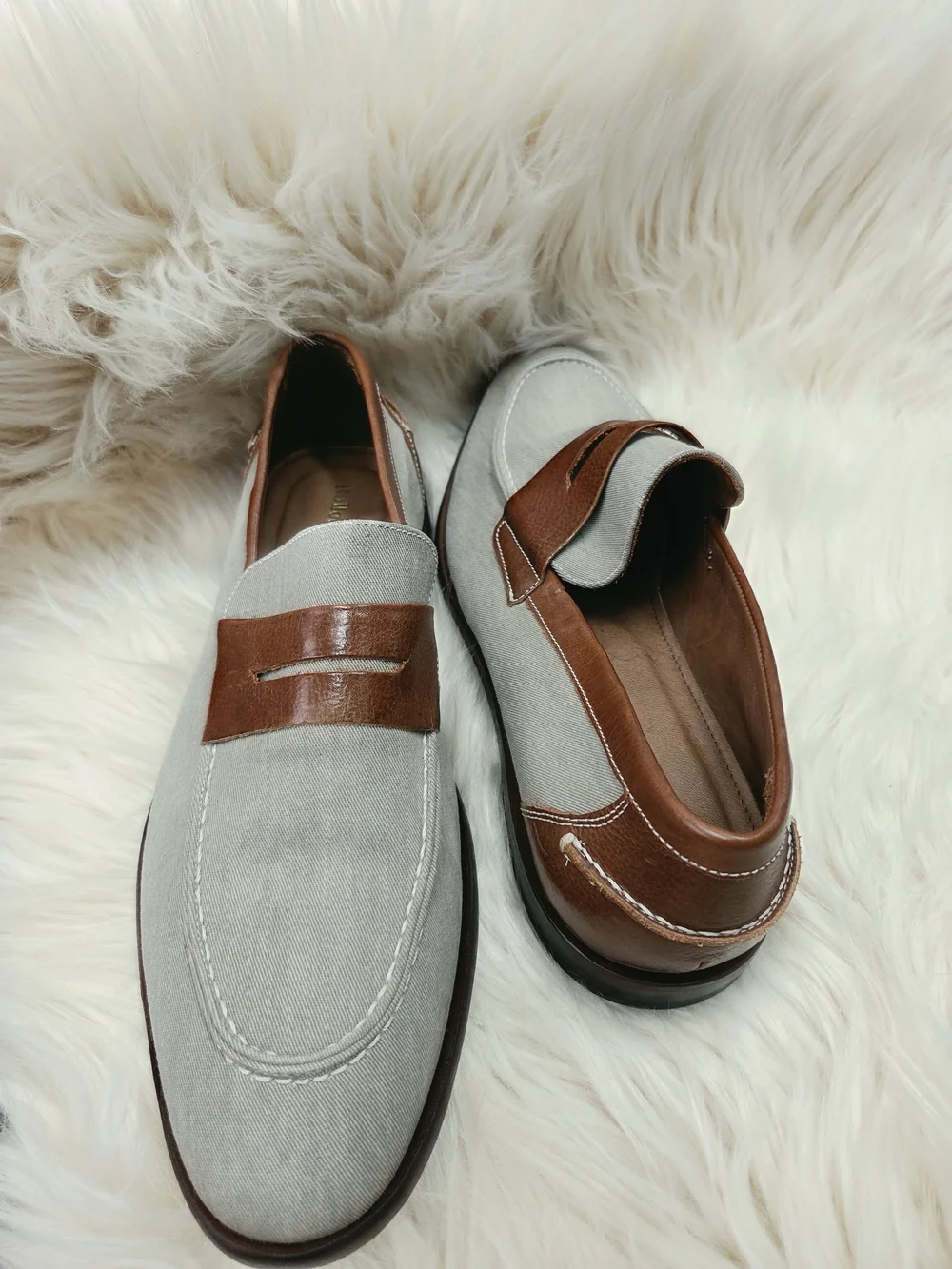 Mens Luxury Bullocks & Jones Gray Canvas & Brown Leather Penny Dress Shoes